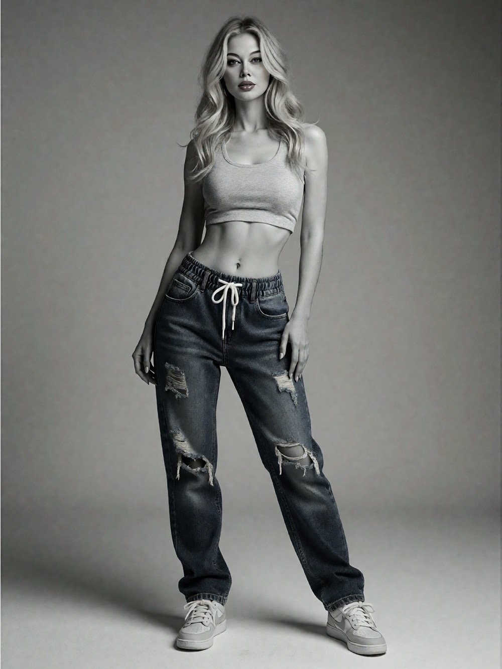 Distressed Drawstring Women’s Jeans - Dark Blue